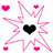 Pixelated icon with pink starburst, black heart, and three pink hearts on white background; blue background with black text 'KENDRA LUV'S YA!' on right.