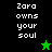 Pixelated text 'Zara owns your soul' appears on black and green backgrounds with a star symbol changing from green to black.