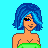 Pixel art contact sheet showing a character with blue hair and green top across multiple frames, including full-body view and separate clothing parts on cyan background.