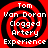 Red and black spiral background with white text reading "Tom Van Doran Clogged Artery Experience" arranged in a circular pattern.