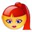 Animated character with red ponytail, yellow face, blue eyes, and pink lips showing varying accessory placements.
