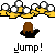 Pixelated animation of a brown-haired figure in black clothing performing a jump, surrounded by yellow hands holding white balls on gray background.