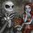 A pixelated image shows a skeletal figure and a pale woman with red hair against an orange background, with text reading "this is halloween!".