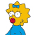Pixelated character with yellow hair, blue bow, red lips, and blue top against white background.