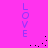 A bright pink background features four vertical 'LOVE' text in light purple, with scattered black pixel clusters moving across the scene