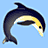 Pixelated dolphin in mid-leap against light blue background, dark gray dorsal side with yellow underbelly and white accents on mouth and eye area.