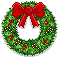 Two identical pixelated Christmas wreaths with red bows and candy canes on a gray background.