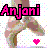 Pixelated image of a character's lower body with pink text 'Anjoni' above, featuring two heart symbols in different colors.