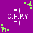 Purple background with repeating green square-and-dot patterns and white text reading "=) C.F.P.Y =)" in pixelated font.