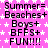Pixelated text repeats 'Summer= Beaches+ Boys+ BFFS+ FUN!!!!' on a pink star-patterned background with a gray rectangle in the bottom-right corner.
