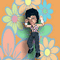 Animated sequence of a cartoon character with black afro hair performing various poses against a floral background with orange, blue, and green flowers.