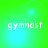 Green background with cyan light effects and white text reading 'gymnast' in four quadrants.