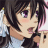 Pixelated anime-style character icon with dark hair, purple eyes, and light skin holding a white object against a blurred background.