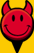 Red circular smiley face with black eyes and a wide grin, two red devil horns on top, set against a yellow background.