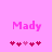 Pixelated pink text 'Mady' on a solid light pink background with five heart symbols below, where the third heart shifts from light to dark red between frames.