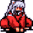Pixel art contact sheet of a character in red traditional clothing performing sequential poses across nine frames on gray background.