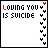 pixelated text-based icons with 'LOVING YOU IS SUICIDE' and 'AND THIS KISS IS MY NOT...' phrases, featuring rainbow-colored lettering variations and scattered heart symbols