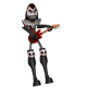 Animated character with mechanical limbs plays red electric guitar, changing color schemes across frames.