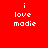 Red background with white pixelated text 'i love madie' in four quadrants, two with blue-purple gradient halos, one with blue gradient halo, one with no halo.