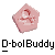 Pixelated pink diamond-shaped icon with a stylized red and white design resembling a face or abstract symbol, positioned above black and white pixelated text reading "D-bolBuddy" on a gray background.