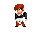Pixel art character with red hair in various poses: standing, bending forward, arms outstretched, and bowing.