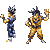 Pixel art character sprites in multiple poses and transformations, including blue and gold martial arts uniforms with energy auras on gray background.