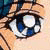 A pixelated close-up of a cartoon character's eye with blue and white iris details, brown eyelashes, and a light skin tone background.