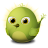 Pixelated green bird-like icon with large eyes, small beak, and yellow highlights on a gray background.