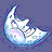 Pixelated crescent moon with white and light blue gradient, surrounded by scattered purple and cyan pixels on a solid dark gray background.