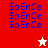 four with repeating text and symbols on colored backgrounds, featuring a white star in the top-right and red star in the bottom-left