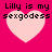 Four identical pixelated heart icons with text 'Lilly is my sexgodess' on a bright pink background, arranged in two of two