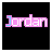 Animated pixel art of the word 'Jordan' in pink with blue outline on black background, featuring green and purple star-like particles appearing sequentially.