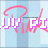 Pixelated icon with light blue background, pink curved line above white text outlined in purple.