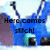 Pixelated blue and purple background with black text reading 'Here comes stich!' in a blocky font, featuring a stylized character silhouette.