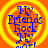 Four identical circular icons with orange backgrounds and yellow concentric rings, each displaying blue text reading "My Friends Rock" in a pixelated font.