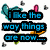 Pixelated text and heart shapes in blue, pink, green, yellow, and black on white background with scattered small hearts.