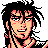 Pixelated 48x48 static buddy icon depicting a stylized character with spiky black hair, peach skin tone, and red facial accents in a retro video game art style.
