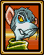 Pixelated mouse-like character with gray fur, yellow eyes, and pink ears in a green turtleneck against an orange gradient background.