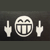 Static pixel art icon featuring a central smiling face flanked by two pointing hand cursors on a dark background.