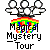 Pixelated graphic with three white figures above a rainbow-colored sphere, black text reading 'Magical Mystery Tour' below.