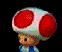 Pixelated character with red-and-white mushroom cap, blue overalls, and light skin, shown in multiple poses against black background.