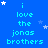 Blue background with repeated cyan text "i love the jonas brothers" and scattered white stars, with a gray rectangle in the bottom-right corner.