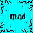 Cyan background with black pixelated border and four 'mad' text instances arranged around a central starburst pattern.