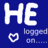 Blue background with white text 'HE HE' and pixelated heart symbols, showing two states of a buddy icon.
