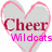 Two overlapping heart-shaped icons with pink outlines and gray interiors, each containing text: 'Cheer' in red and 'WildcatsCheerleader' in pink.