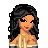 Pixel art of a woman with long dark hair wearing an off-shoulder top and flared pants, shown in two poses side-by-side.