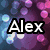 Pixelated image with text 'Alex is the best' over a star symbol, featuring a blurred background with purple and blue bokeh lights.