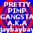 Blue background with red spiral patterns and repeated white text reading PRETTY PIMP GANGSTAGANGSTA A.K.A jaybayjajaybay in a