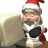 Santa Claus figure in red and white attire with black gloves, seated at a beige computer monitor against a plain background.