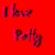 Red background with pink handwritten text reading "I love Puffy She loves Me..." in a , partially obscured by gray overlay on the right